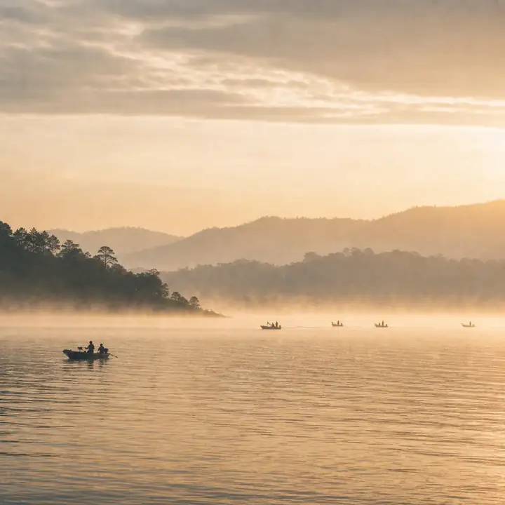 เรือประมงไทยลำเล็กไกลออกไปบนอ่างเก็บน้ำในหมอก