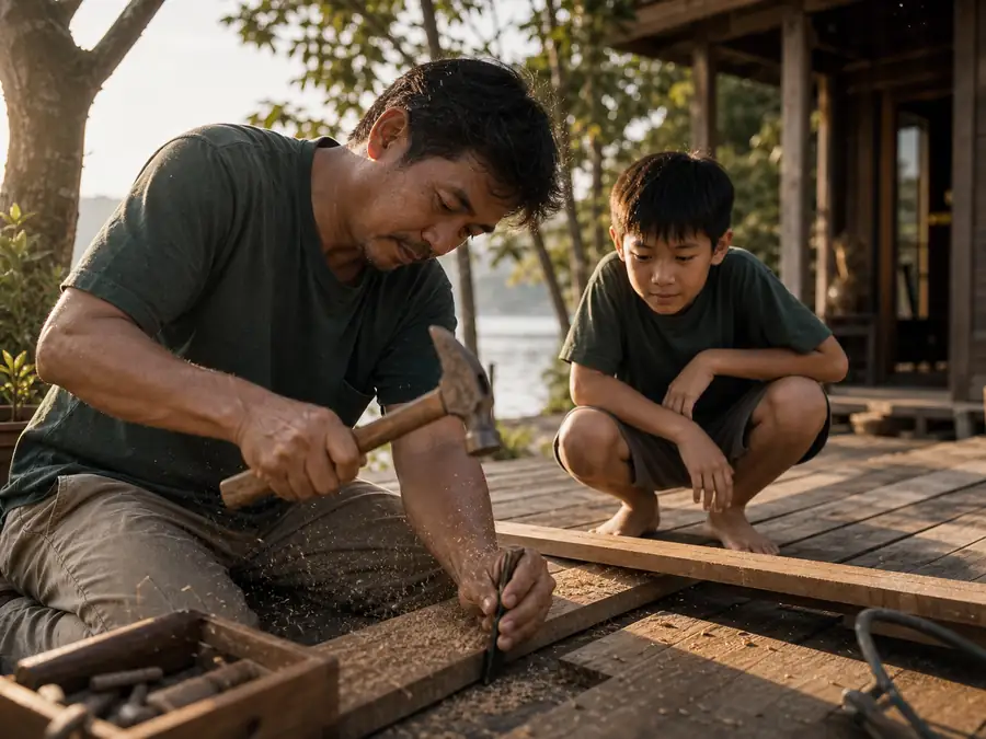 พ่อไทยตอกแผ่นไม้สักบนดาดฟ้าริมน้ำโดยมีลูกนั่งดู