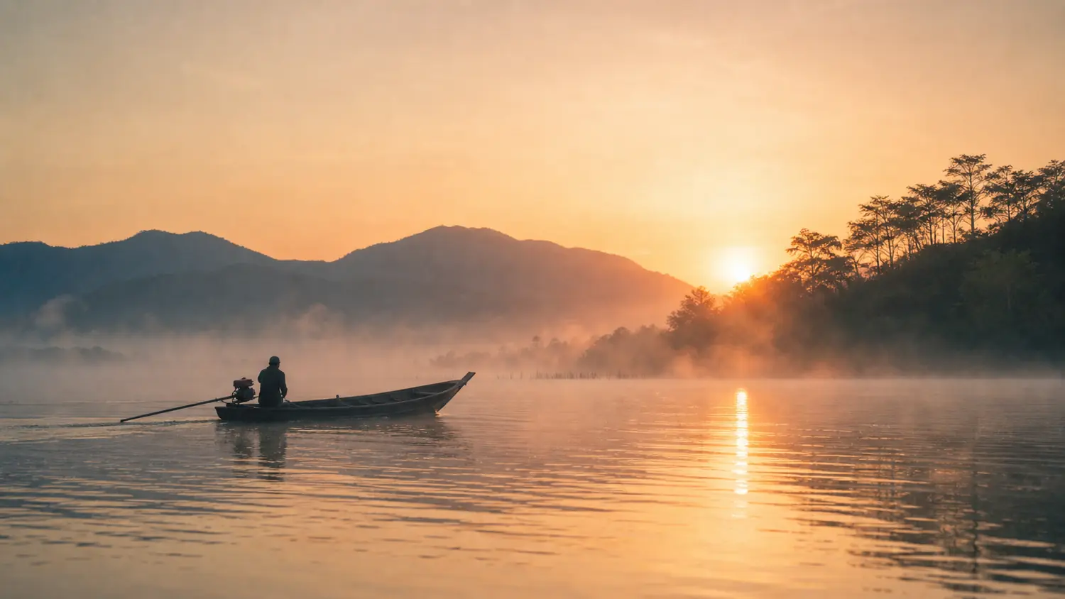 หมอกยามเช้าเหนืออ่างเก็บน้ำบางพระกับเรือไม้ลำเดียว